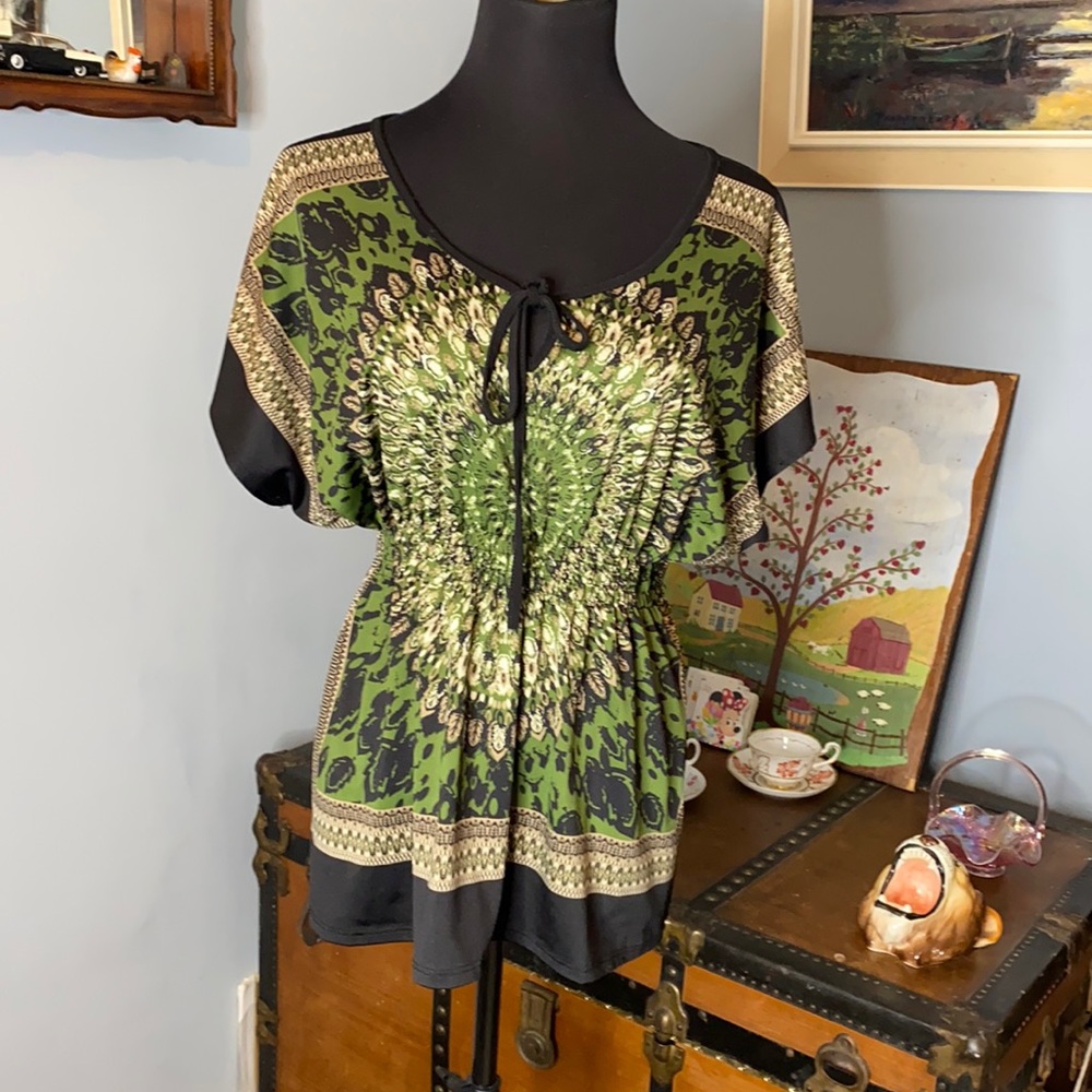 Claudia Richard Black /Green Short Sleeve Elastic Waisted Blouse